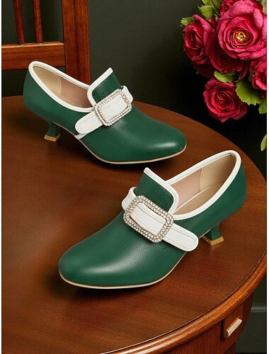  ラインストーンバックル付き1920年代のグリーンのレディースヴィンテージローヒールパンプス - ギャツビーパーティー、コスプレ、フォーマルな機会に最適なレトロなエドワード朝スタイルのドレスシューズ