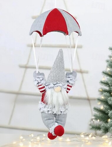  Julenissens morsomme fallskjerm med rødt &hvit paraplystoffoppheng med fluffy skjegg og uttrykksfulle øyne &svart pomponhatt ideell for peisdekorasjon, julegave, festgave til hjemmedekorasjon