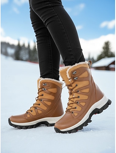 Women's Khaki Waterproof Winter Snow Boots with Fur Lining – Warm Lace-Up Outdoor Shoes for Cold Weather & Ski Trips   Women's Khaki Waterproof Winter Snow Boots with Fur Lining – Warm Lace-Up Outdoor Shoes for Cold Weather & Ski Trips