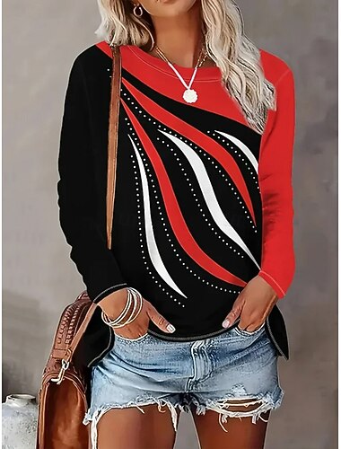  Mulheres Camiseta Gráfico Geométrica Listrado Vintage à moda Clássico Manga Longa Gola Redonda Decote Redondo Tops regulares Diário Imprimir Vermelho Primavera Outono Inverno
