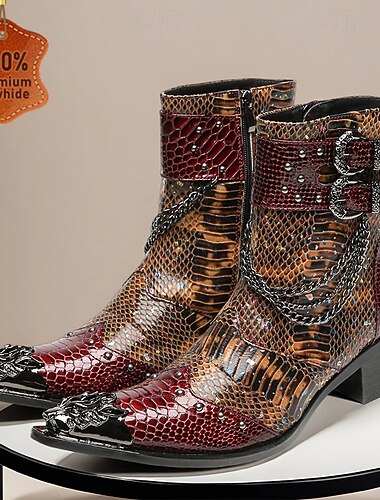  Pánské kotníkové boty z pravé hovězí kůže s hadím vzorem a dvojitými přezkami – rocková, punková a ležérní obuv v rockovém a punkovém stylu