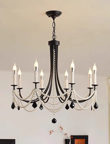  Lysekrone i jernstil med blekkkrystall, justerbar kjede med 6/8 hoder i svart