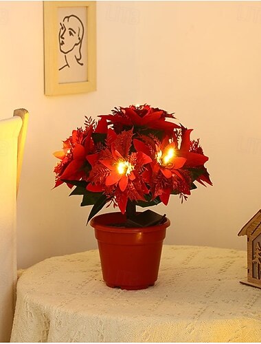  פרחי פוינסטיה לד, צמחי פוינסטיה מלאכותיים, סידורי פוינסטיה מזויפים פנים וחוץ קישוט פרחי פוינסטיה לחג המולד מתנה לחג המולד