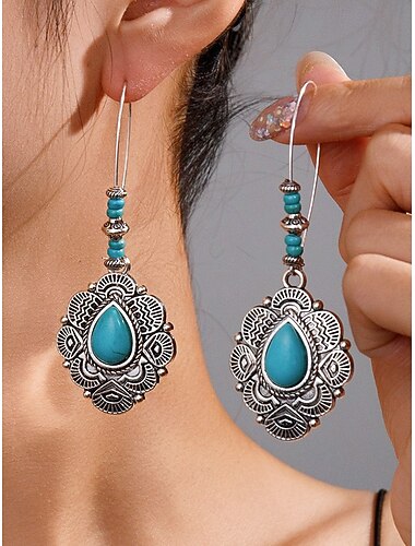  Boheemse oorbellen met bloemen en turquoise steen voor dames, vintage oorbellen van legering voor casual gebruik, op het strand en op feestjes