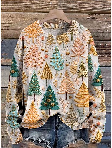  Damen Pullover Mode Lässig Grafik Weihnachtsbaum Rundhalsausschnitt Patchwork Gestrickt Langarm Normale Oberteile Stricken Arbeit Beige Herbst Winter