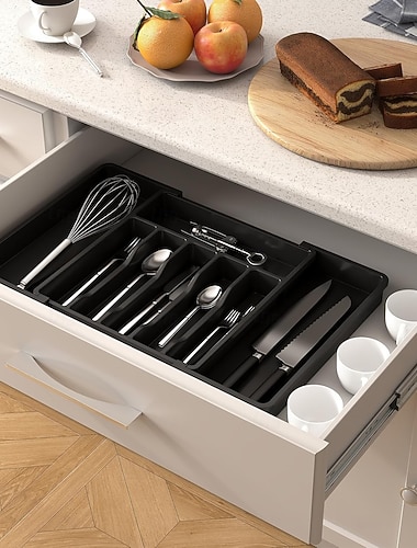  Stor skuffeorganisator for sølvtøy, utvidbart bestikkbrett til kjøkken, BPA-fri bestikk- og bestikkholder, justerbar plastoppbevaring for skjeer, gafler, kniver, stor