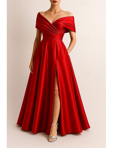 A-Linie Bodenlang Abendkleid Ballkleid Festliche Kleidung Elegant Glitzernd Promi-Stil Ärmellos Schulterfrei Gartenparty Hochzeit Stretch Satin mit Falten Gerafft Schlitz
