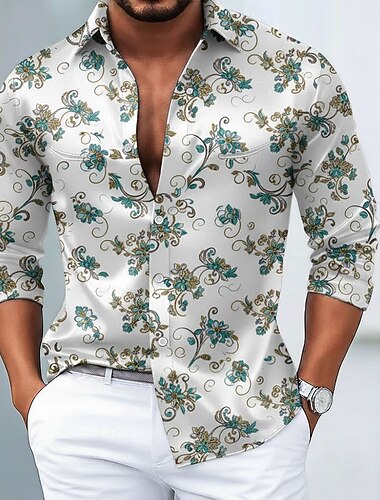  Herr Blomtryck Blommor Skjorta Satinskjorta Långärmad Vintage retro Semester Vardag Sommar Vår Höst Nedvikt 3D-utskrift Skjortor med knappar Svart Vit Rubinrött Blå