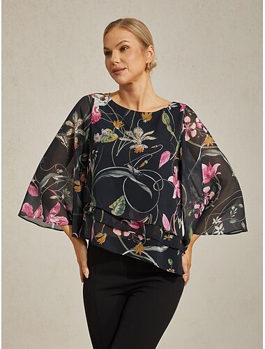 بلوزة نسائية سوداء مزينة بالزهور بأكمام 3/4 ورقبة دائرية فضفاضة غير رسمية أنيقة للعطلات الربيعية والصيفية والخريف   بلوزة نسائية سوداء مزينة بالزهور بأكمام 3/4 ورقبة دائرية فضفاضة غير رسمية أنيقة للعطلات الربيعية والصيفية والخريف