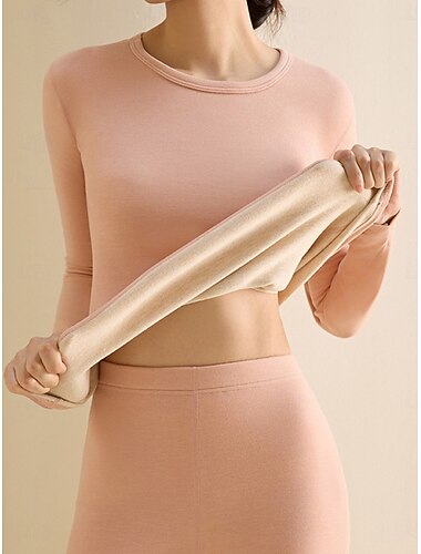  Damen Thermounterwäsche Schlafanzug Set Lässig Komfort Einfarbig Elastischer Bund Hose Heim Täglich Langarm Rundhalsausschnitt Schwarz Rosa Leicht Braun Braun Grün Frühling Herbst Winter