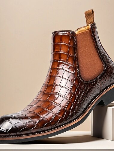  Botines Chelsea con estampado de cocodrilo para hombre: botines marrones sin cordones con paneles laterales elásticos, estilo informal de negocios para oficina, bodas y ocasiones formales.