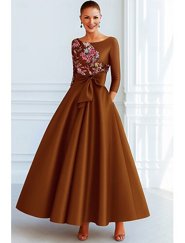  abito da sera elegante a trapezio nero marrone rosso abito formale da sposa formale lungo fino al pavimento manica lunga tasca raso elasticizzato con fiocco(i) glitterato tasca 2025