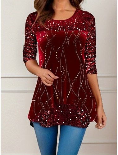  Vánoční dámská blůza květinová elegantní stylová každodenní dlouhý rukáv kulatý výstřih pravidelné topy denní flitry patchwork tisk stříbrná víno fialová fuchsie zlatá jaro podzim zima