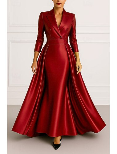 Szmoking ruha A-vonalú Magas-alacsony szárú ruha Előírásos Esküvő Esküvői vendég Sztreccs szatén Elegáns 3/4 ujjú rakott Földig érő Spicc gallér Dupla soros   Szmoking ruha A-vonalú Magas-alacsony szárú ruha Előírásos Esküvő Esküvői vendég Sztreccs szatén Elegáns 3/4 ujjú rakott Földig érő Spicc gallér Dupla soros