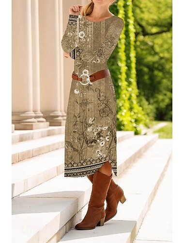  Dames Halflange jurk Schede jurk Hemdjurk Feest Casual Boho Feest Bruiloft gast Dagelijks Normale pasvorm Bloemig Grafisch Lange mouw Strakke ronde hals Donker Bruin Licht Bruin Beige Lente Herfst