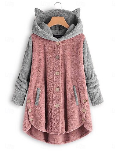  Damen Sherpa-Jacke Bequem Atmungsaktiv Tasche Knöpfe Lässig Einfach Urlaub Straße Lässig Alltagskleidung Einreihig Lang Mit Kapuze Lässiger Schnitt Langarm Oberbekleidung Schwarz Rosa Wein Frühling