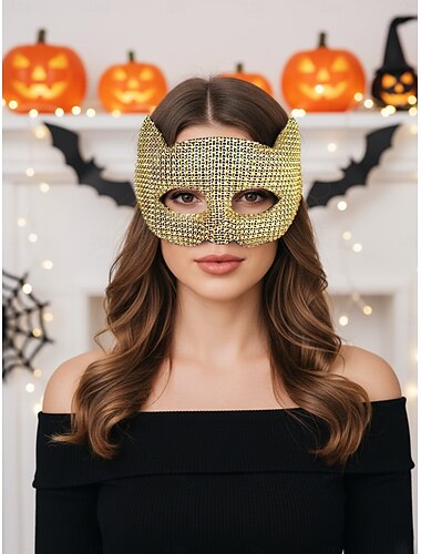  Halloween kattenoogmasker voor dames met strass-steentjes - glamoureuze kostuumaccessoire voor maskerade, cosplay en feestjes