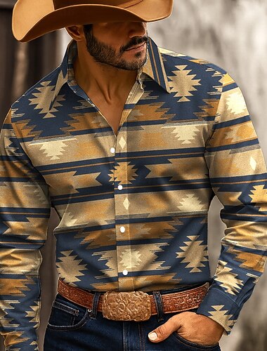  Miesten Geometrinen Intialainen kulttuuri Navajo-kuvio Paita Länsimainen paita Button Up paita Pitkähihainen Vintage retro ulko- Kausaliteetti Työasut Kevät Syksy Sänkyjen avaus 3D-tulostus