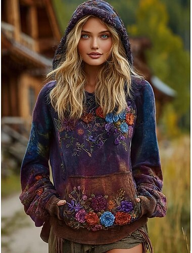  Γυναικεία Φούτερ πουλόβερ με κουκούλα και πουλόβερ Φλοράλ Γραφική Βίντατζ Καθημερινό Μπόχο Μακρυμάνικο Με Κουκούλα Κανονικά μπλουζάκια Δρόμος Καθημερινή Ένδυση Κουρελού Στάμπα Μπροστινή τσέπη Βυσσινί