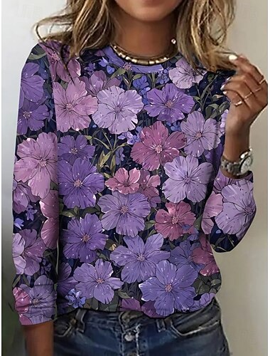  Damskie Podkoszulek Kwiaty Graficzny W Tureckie Wzory Zabytkowe Moda Elegancki Długi rękaw Półgolf Okrągły dekolt Zwykłe topy Codzienny Weekend Nadruk Niebieski Brudny błękit Fioletowy Pomarańczowy