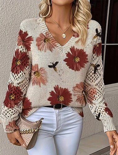  Per donna Felpa Moda Essenziale Casual Floreale A Coste Scollo a V Lavorato a maglia Manica Lunga Top Regolari Maglia All'aperto Quotidiano Weekend Rosso Autunno Inverno