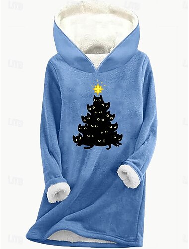  Női Pulóver Hoodie pulóver Grafika Cica Karácsonyfa Alkalmi Hosszú ujj Kapucni Normál felsők Utca Hétköznapi Nyomtatott Arcpír rózsaszín Medence Szürke Ősz Tél