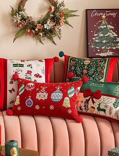  Nuevas fundas de almohada navideñas con diseño de jacquard en bloques de color, cojines de sofá y almohadas lumbares, decoración navideña para el hogar.