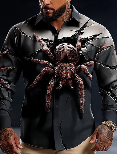  男性用 3D印刷 SPIDER ホラー シャツ ボタンアップシャツ 長袖 ダークゴシックスタイル アウトドア 祝日 春 秋 折襟 3Dプリント 襟付きシャツ グレー