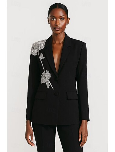  Mulheres Blazer Casaco esportivo Formal Convidado do casamento Strass Elegante Manga Longa Lapelas entalhadas Não Trespassado