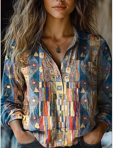  Dames Overhemd Bloemig Grafisch Paisley Elegant Stijlvol Retro vintage Lange mouw Overhemdkraag Normale tops Dagelijks Feestdagen Zak Knop Afdrukken blauw Hemelsblauw Khaki Zomer