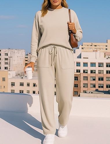  Dame 2-delt treningsdress Genser med pullover Joggedresssett Snorer med lomme Ensfarget Treningsdrakt Høst Svart Kakifarget Trene Utendørs Reise Høy Midje Lettvekt Mote Langermet Sport Sportsklær