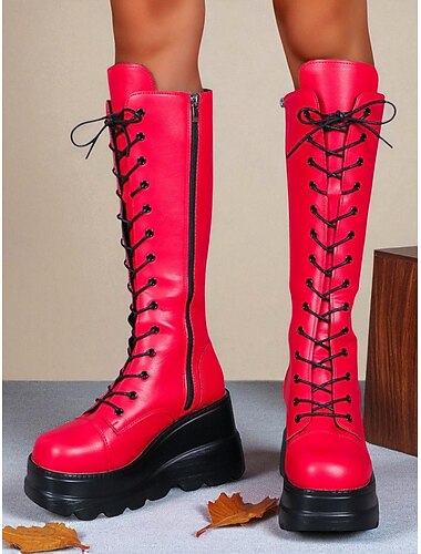  Rode platformkniehoge veterlaarzen voor dames met dikke zolen - gedurfde schoenen voor het nachtleven, feesten en clubkleding