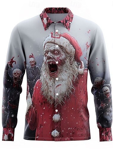 Halloween Homme Père Noël Zombies Horreur Chemise Chemise Boutonnée manche longue Punk gothique sombre Extérieur Fête Été Printemps Col Rabattu Impression 3D chemises à col Gris Claire Bleu de minuit