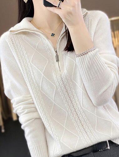 Women's Sweater Pullover Fashion Casual Pure Color Ribbed Half Zip Zipper Knitted Long Sleeve Regular Tops Knit Outdoor Daily Weekend White Fall Winter