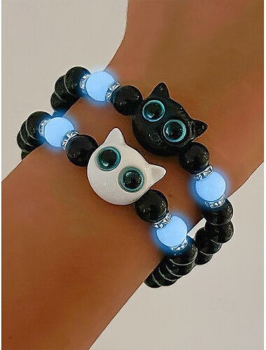  Pulsera de cuentas de gato que brilla en la oscuridad para Halloween para mujer: linda pulsera elástica con dije de gatito blanco y negro, joyería para fiestas, cosplay y regalos.