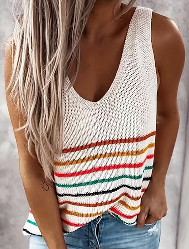 Damen Pullover Pullunder Streetwear Lässig Gestreift V Ausschnitt Gestrickt Ärmellos Normale Oberteile Stricken Täglich Ferien Ausgehen Weiß Frühling Herbst   Damen Pullover Pullunder Streetwear Lässig Gestreift V Ausschnitt Gestrickt Ärmellos Normale Oberteile Stricken Täglich Ferien Ausgehen Weiß Frühling Herbst