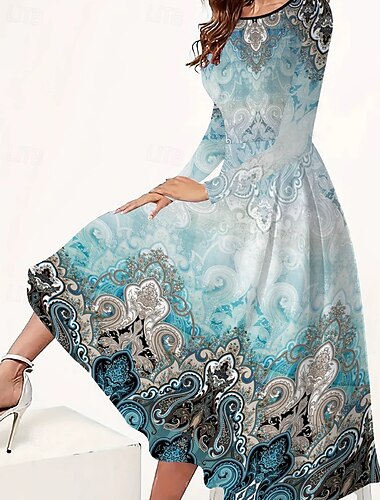  Femmes Robe Longue Maxi Robe Robe bohème Élégant ancien Mode Extérieur Quotidien Sortir Coupe régulière Graphique Papillon manche longue Col ras du cou Bleu Bleu Roi Bleu de minuit Rose Printemps