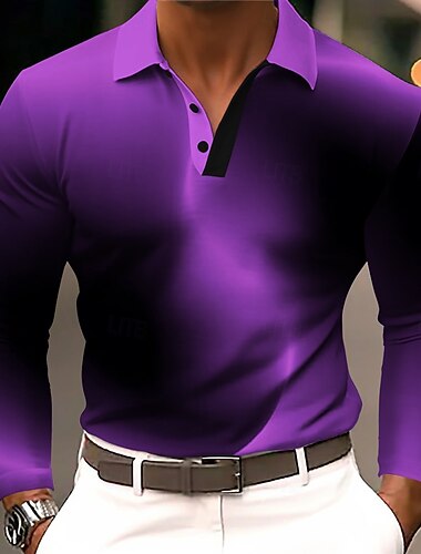  Voor heren Verloop Meetkundig Polo Lange mouw Poloshirt Revers Zakelijk informeel Sportkleding Alledaagse kleding 3D-afdrukken Knop Lente Herfst Winter blauw Paars Bruin