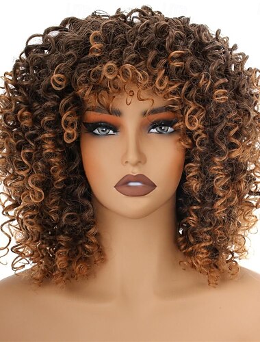  14palcové černohnědé kudrnaté paruky pro ženy, krátké, kudrnaté afro kudrnaté paruky s ofinou, přírodní měkké, pružné, nadýchané, tepelně odolné, syntetické vlasy, paruka 70. let pro denní nošení nebo