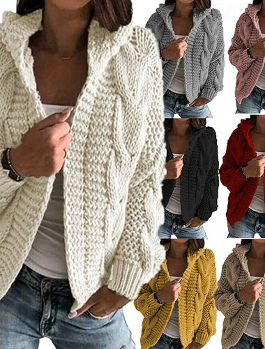  Femmes Pull Cardigan Streetwear Occasionnel Couleur Unie Col en V Tricoté À capuche manche longue Hauts Réguliers Tricoter Quotidien Fête Sortir Rouge vin Blanche Automne Hiver