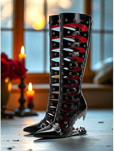  נעלי עקב גותיות עד הברך לנשים עם פלטפורמת טריז פיסולית משוננת - מגפי פטיש פאנק שחורים לליל כל הקדושים, קוספליי ומסיבות אופנה אלטרנטיביות