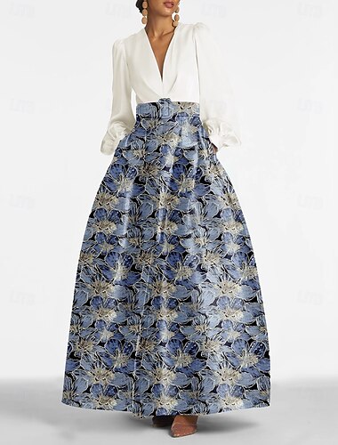  Abito da Sera Jacquard Broccato Floreale A-Line Abito Formale Ospite di Matrimonio Lunghezza Completa Maniche Lunghe Collo a V Cintura Nylon con Spacco e Tasca