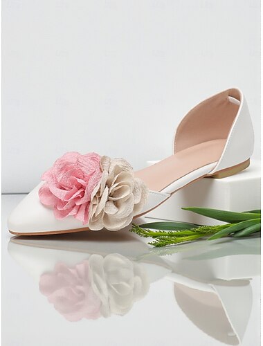  Witte bruidsschoenen voor dames met roze en beige bloemenversieringen, elegante bruidsschoenen voor bruiden en bruidsmeisjes