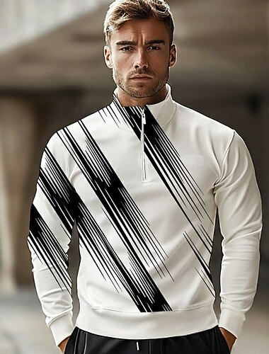  Men's Geometic Line Polo Long Sleeve Standing Collar Athleisure Vacation Athleisure Casual Daily 3D Print Spring Fall Winter Black Purple Blue