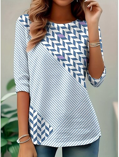  Per donna Maglietta Grafico Geometrico A righe Vintage Elegante Casual Manica Lunga Girocollo Top Regolari Quotidiano Stampato Blu Primavera Autunno Inverno