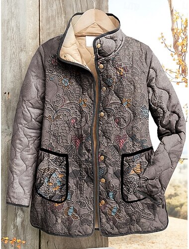  Mulheres Casaco acolchoado Prova-de-Água A Prova de Vento Bordado Ativo Vintage Moda Diário Floral Férias Casa Rua Casual Padrão Colarinho Chinês Normal Manga Longa agasalhos Vermelho Azul Roxo