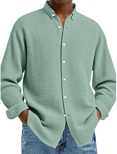  Herren Hemd Waffelhemd Freizeithemd Knopfhemd Schwarz Weiß Wein Marineblau Blau Langarm Einfach Revers Lässig Täglich Bekleidung Mode Streetwear