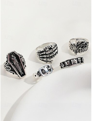  Halloween gothic ringset voor dames, in legering, in vintage punkstijl, schedelkist skelet verstelbare ringen sieraden voor kostuumfeesten en cosplay