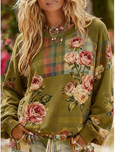  Per donna Pullover Felpe Floreale Moda Streetwear Classico Manica Lunga Girocollo Top Regolari Abbigliamento Quotidiano Casuale Stampato Rosa Verde Primavera Autunno