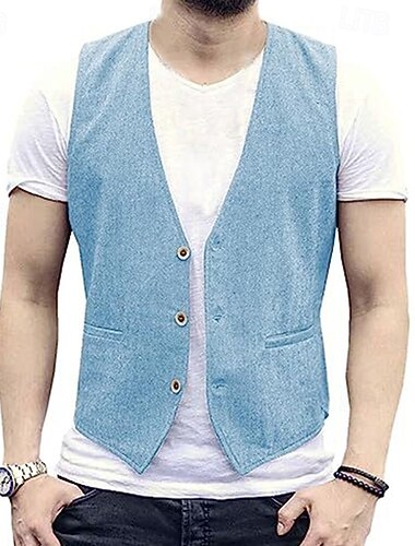  Herren Weste Gilet Leinenweste Urlaub Party Geschäft Mode Lässig Frühling Herbst Tasche Knöpfe Leinen Baumwoll Mischung Bequem Einfach Einreihig Ein-Knopf V Ausschnitt Normale Passform Schwarz Wei